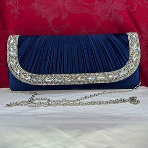 Lulu Townsend Clutch Pleated Blue Satin Rhinestone‎ Women Chain